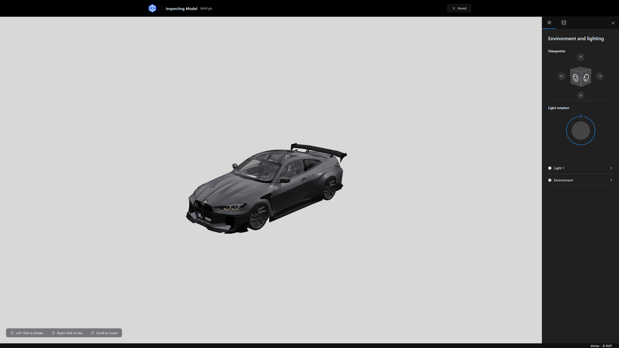 Screenshot van de browser-based 3D inspectietool met een geladen 3D-model