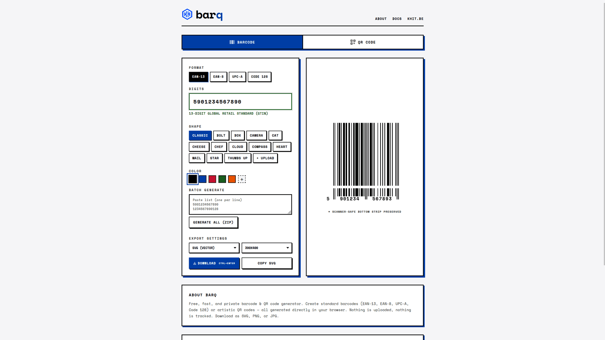 Screenshot van de Barq webapplicatie voor het genereren van barcodes en QR-codes