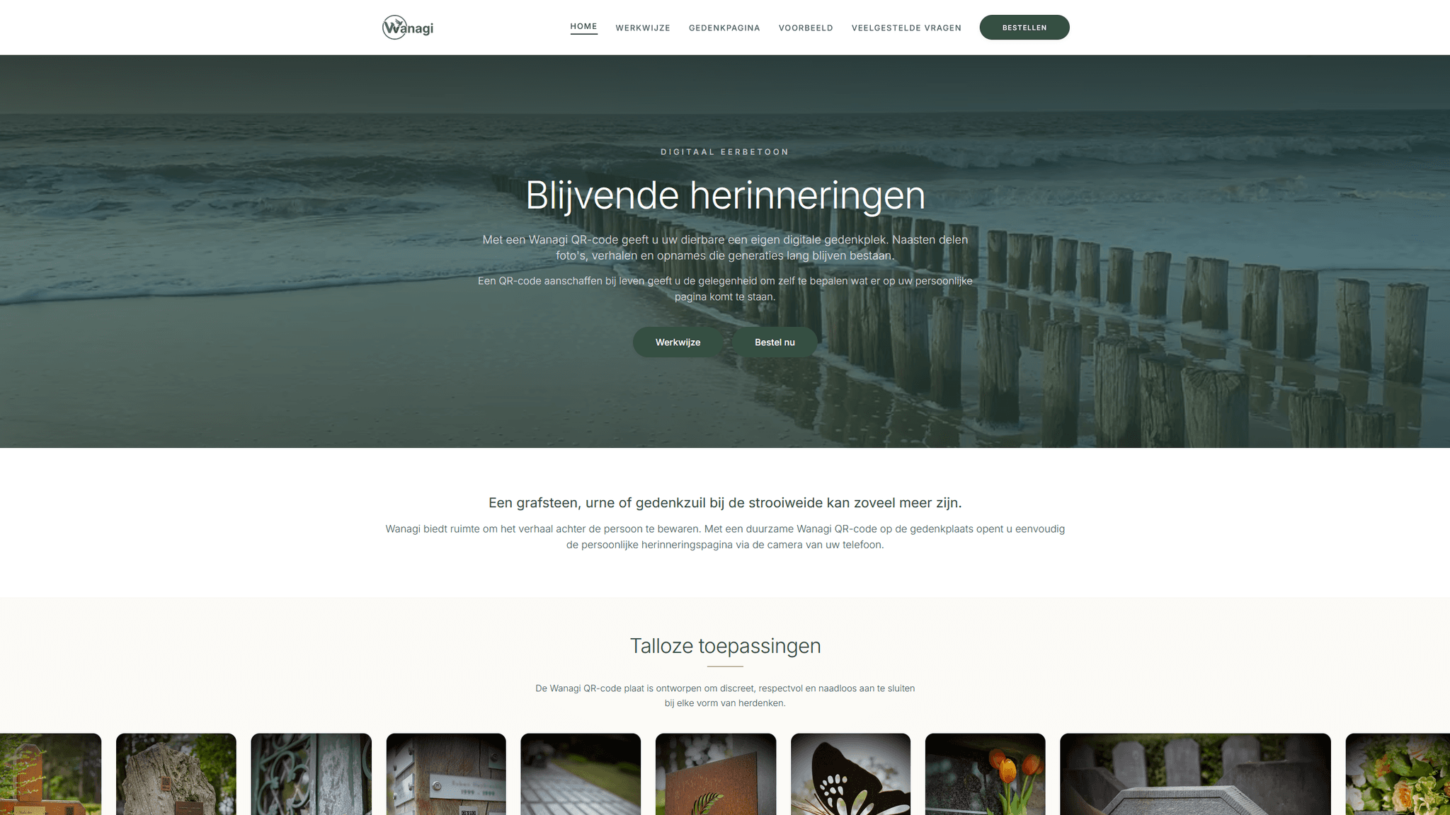Screenshot van het Wanagi gedenkplatform met QR-code functionaliteit en fotogalerij interface